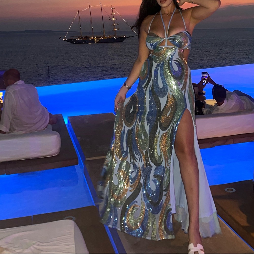 COPY - SHEIN Sequince Baby blue Mermaid Maxi Cut Out Backless Split Thigh Dress…